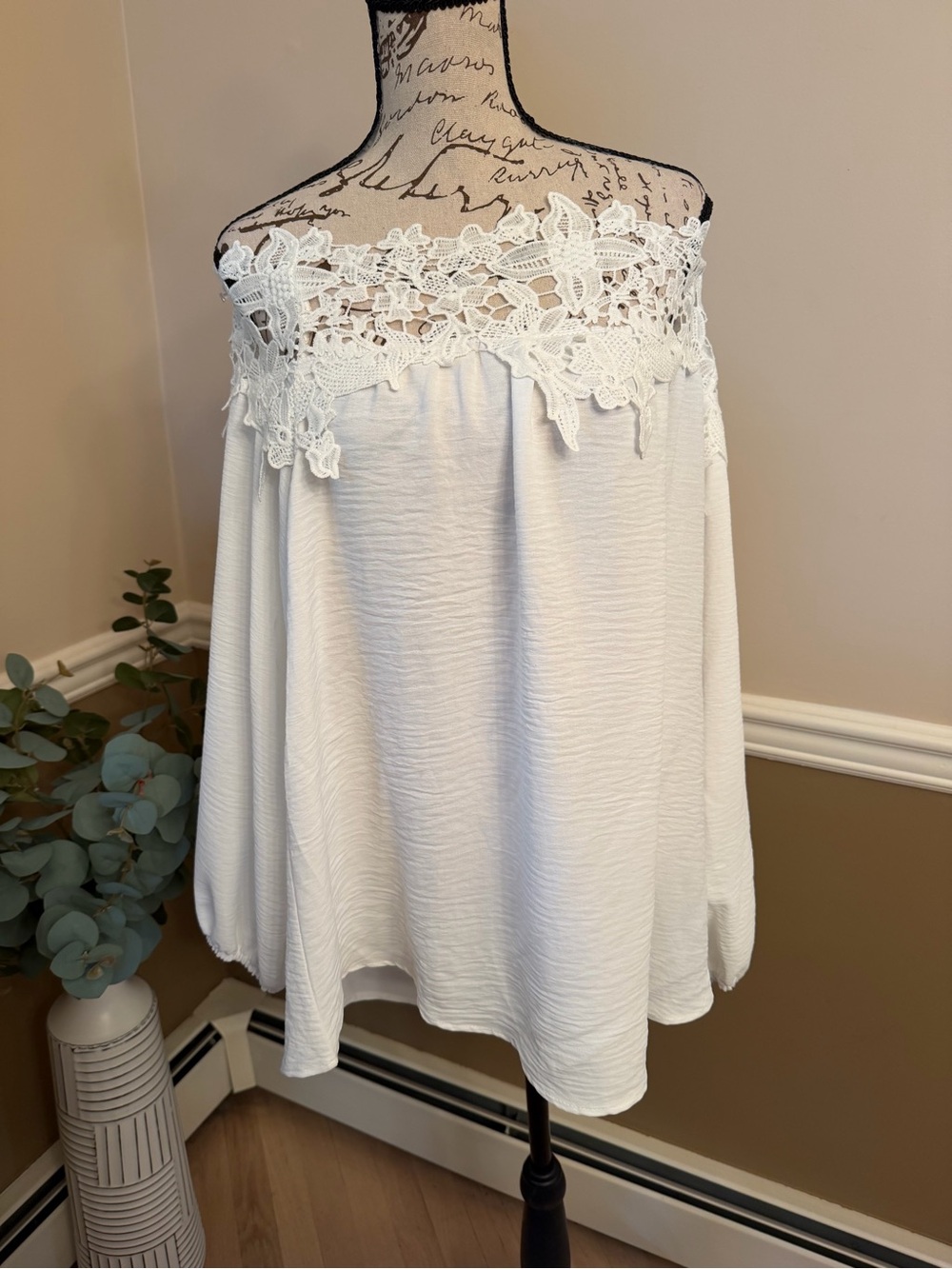 White Lace Off Shoulder Blouse XL Boho Long Sleeve Top NWOT